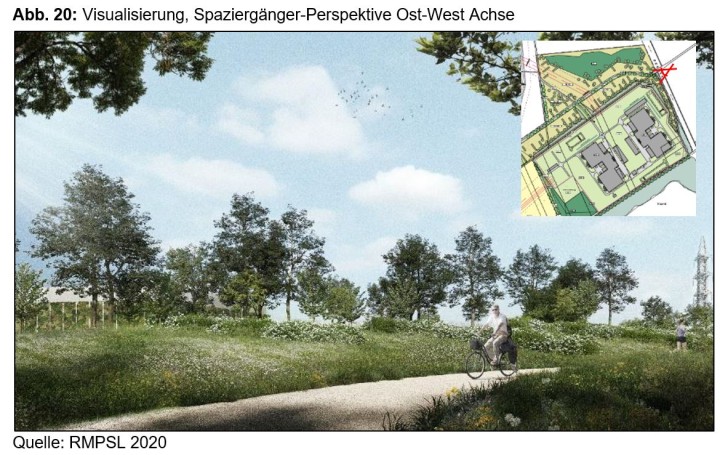 Amprion-Maßnahmenplan-Eingrünung der Konverteranlage in Osterath. Visualisierung der Spaziergaenger-Perspektive.
